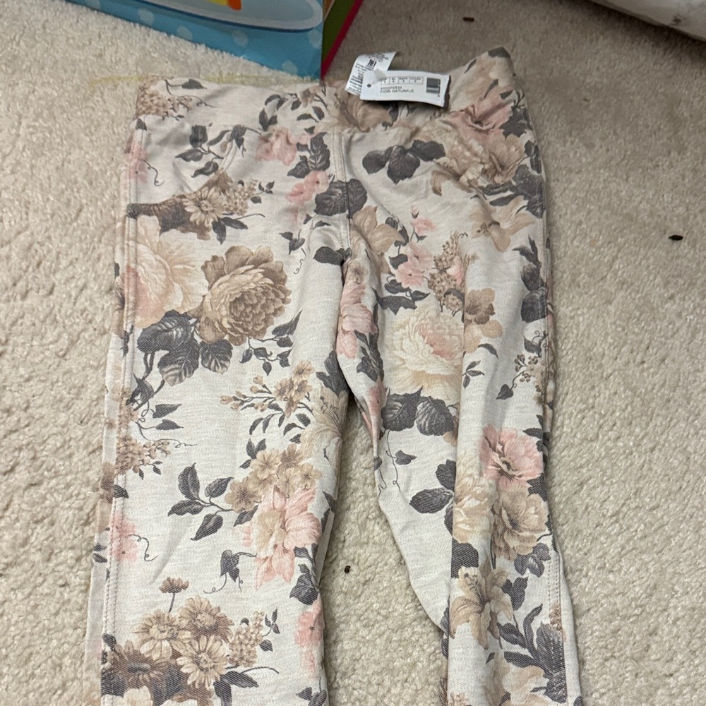 Floral Skinny Pants - Beige and Pink